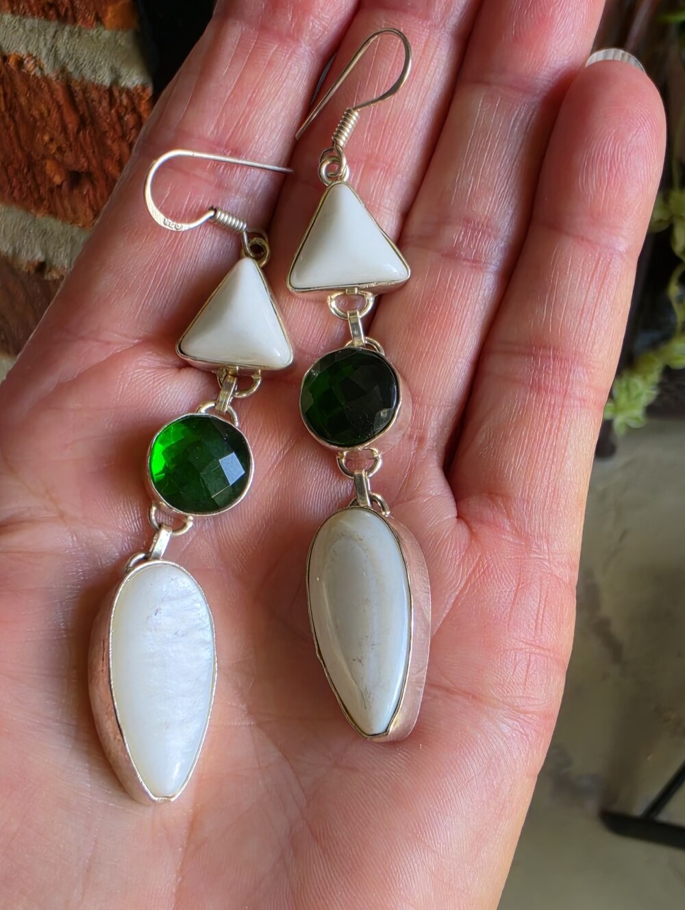 Green Crystal & White Gemstone Earrings Sterling Silver 925